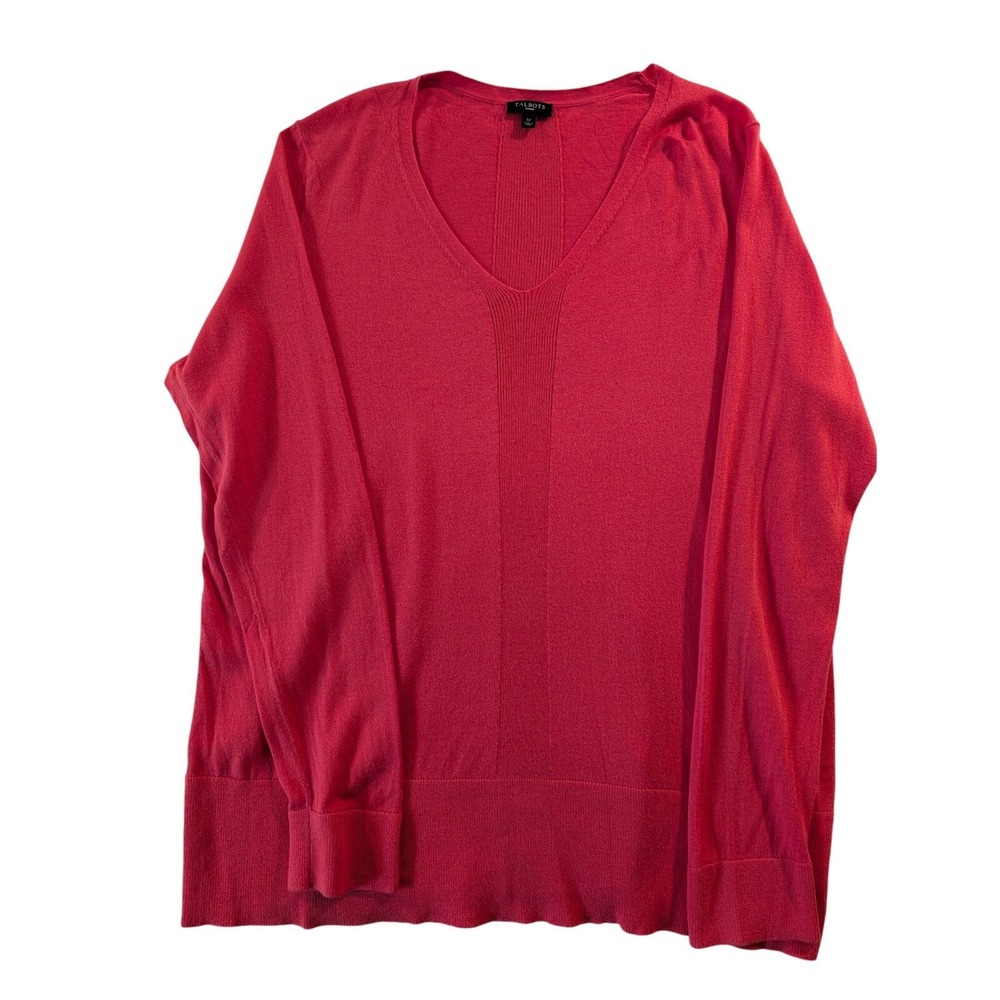 Talbots Woman V-Neck Sweater Bright Pink Cotton Blend Size 1X Lightweight Layer